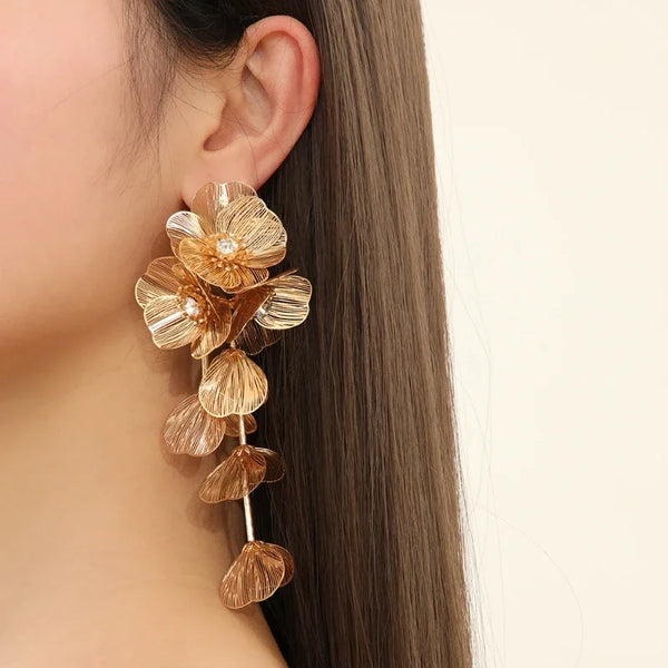 Metallic Petal Cascade Statement Earrings