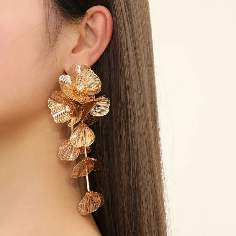 Metallic Petal Cascade Statement Earrings