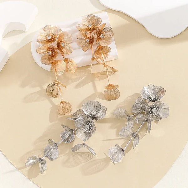 Metallic Petal Cascade Statement Earrings